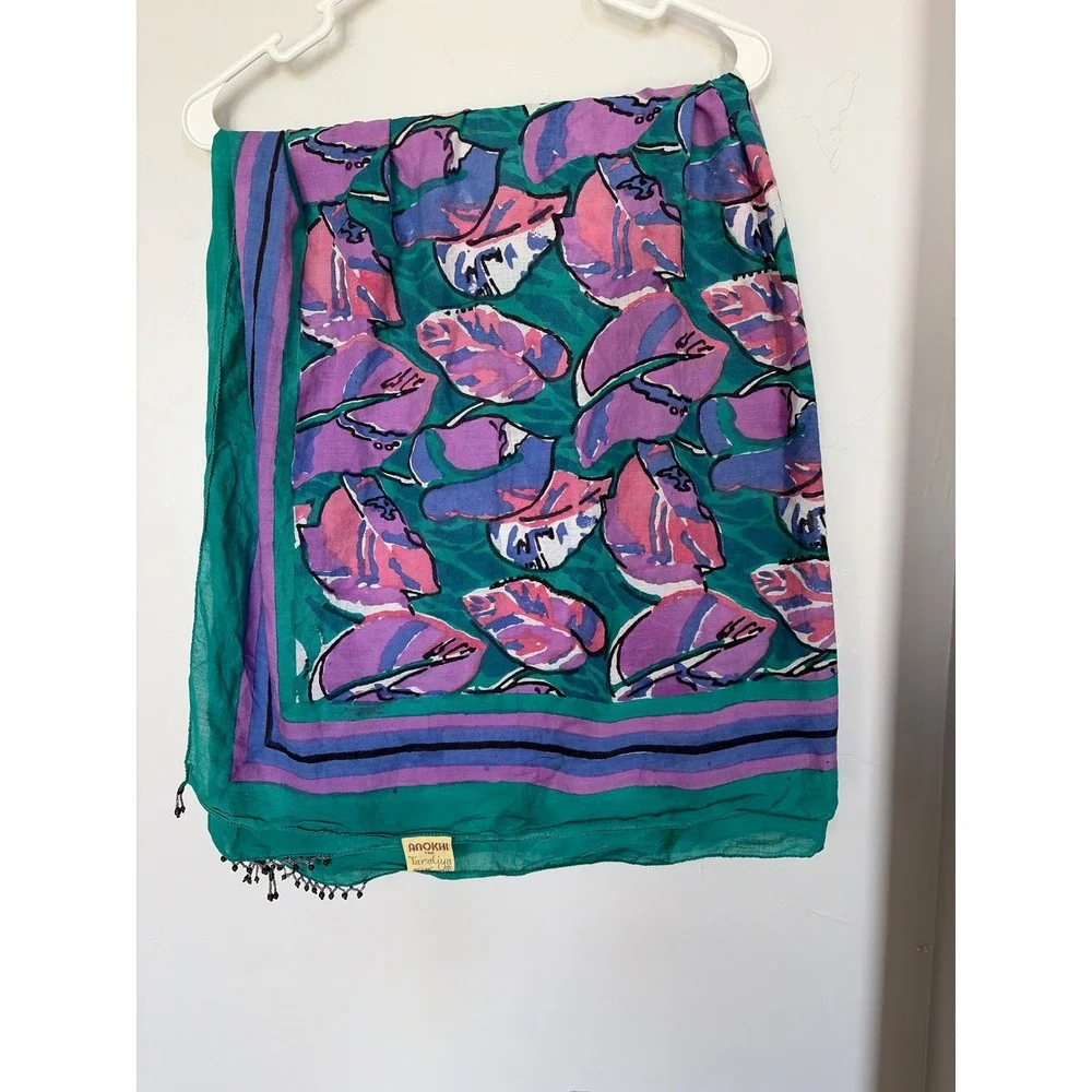 Anokhi for Taraliya Cotton Bloc Print Scarf Teal Purple Pink Beaded Fringe 45x45